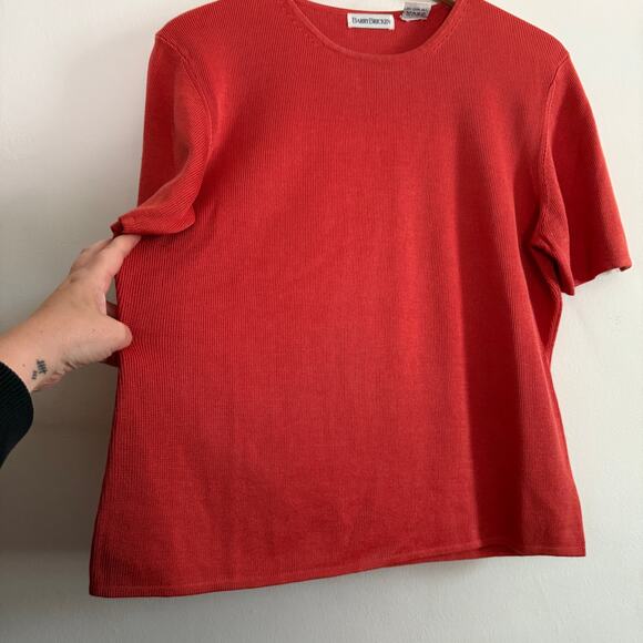 BARRY BRICKEN | 90s Vintage Tomato Red Orange 100% Silk Short Sleeve Sweater XL - Picture 3 of 6